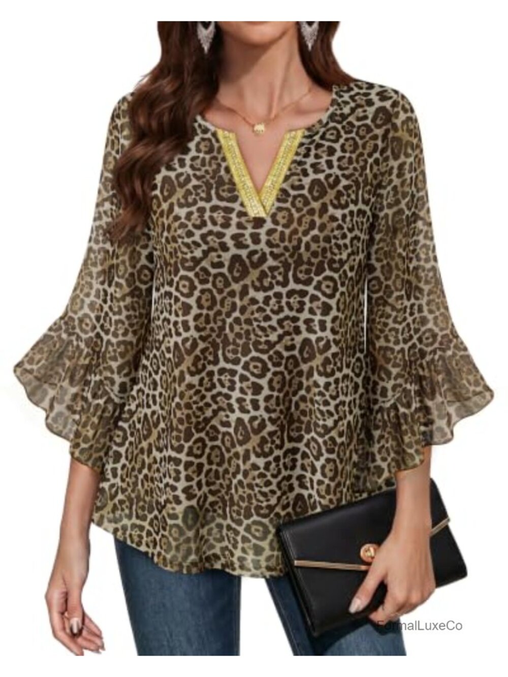 Womens 3/4 Sleeve Splicing V Neck Dressy Blouses Layers Work Tops Stretchy